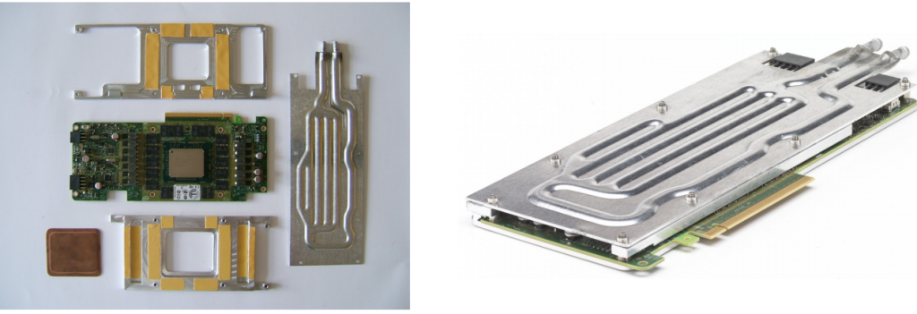 QPACE 2 cooling components for the KNC card are shown to the right and an assembled Xeon Phi card is shown to the left. (Proceedings of Science, QPACE 2 and Domain Decomposition on the Xeon Phi)