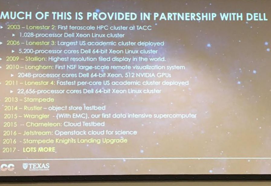 Stanzione's slide showing the history of supercomputers built by local hardware giant, Dell.